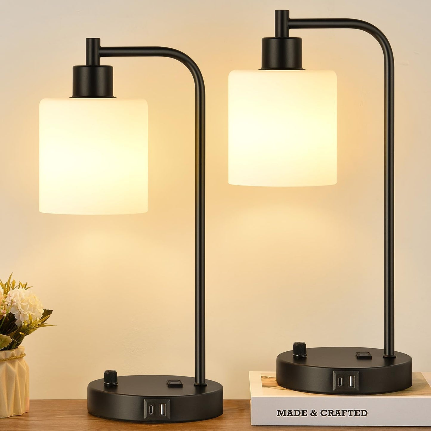 Set of 2 Industrial Table Lamps with USB Ports for Nightstand