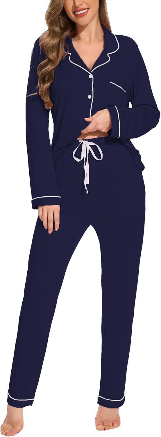 Button Up Pajamas for Women Long Sleeve Soft Loungewear Set