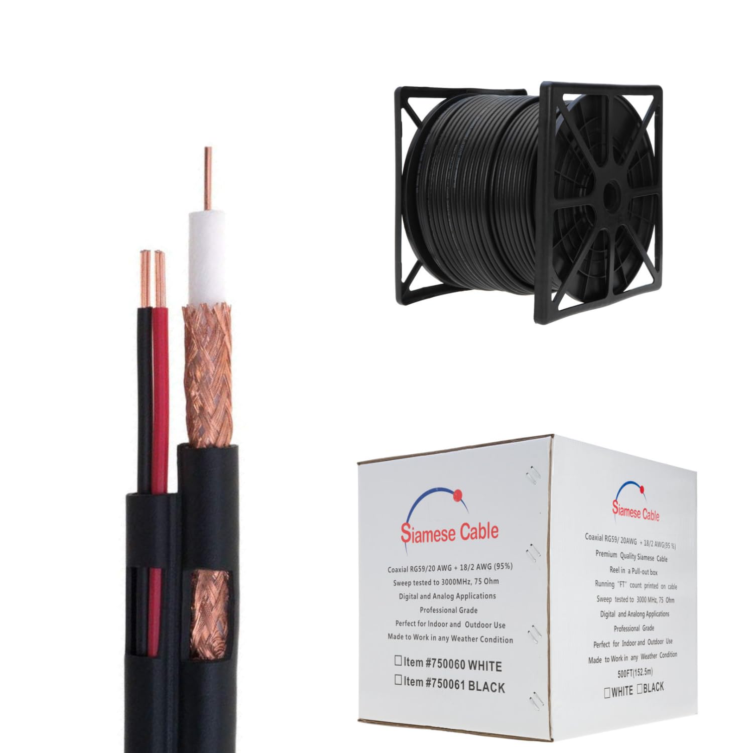 RG59/U Siamese Cable for CCTV Video and Power, 500ft Black
