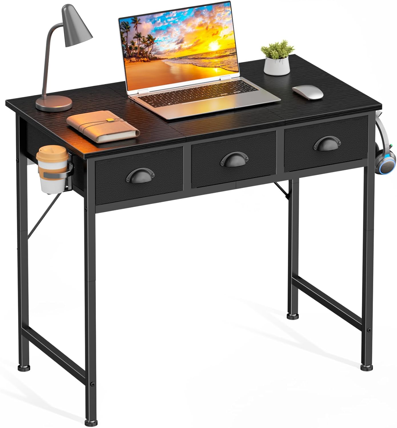Compact Black Desk with Storage & Cup Holder for Home Office