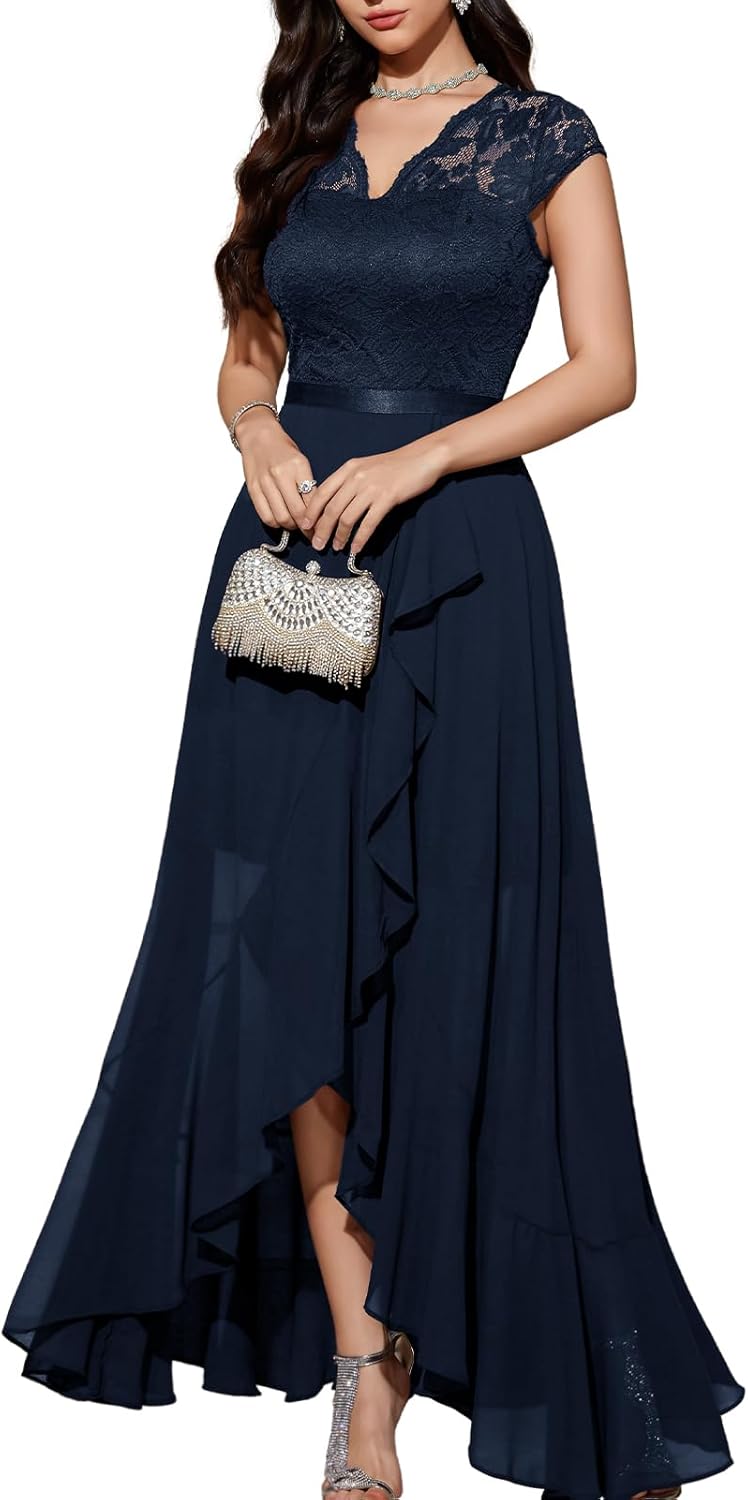 Elegant V-Neck Hi-Lo Floral Lace Dress for Wedding Guests