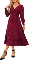 Wrap V-Neck Twist Knot Midi Maxi Dress - Flattering A-Line Fit