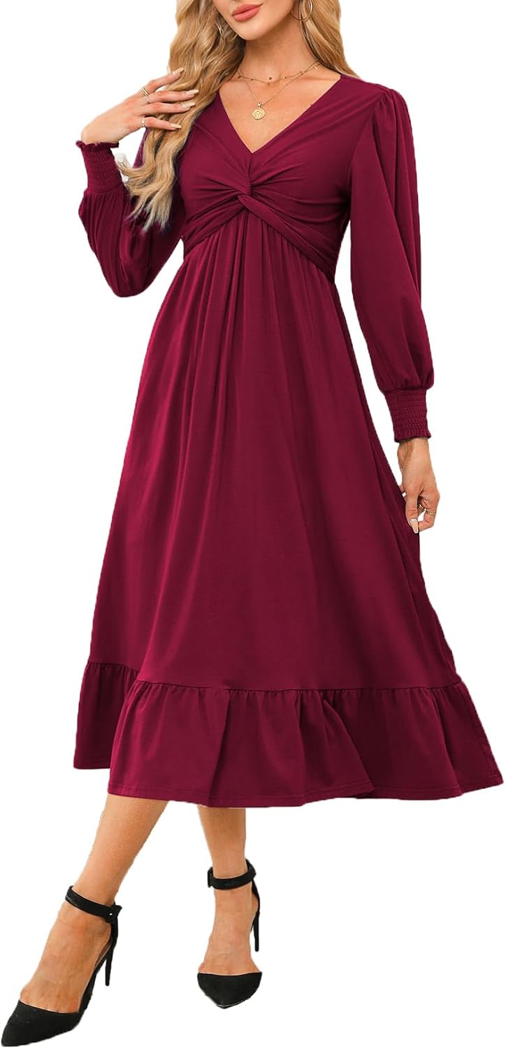 Dokotoo Womens 2024 Wrap V-Neck Twist Knot Long Sleeve Dress