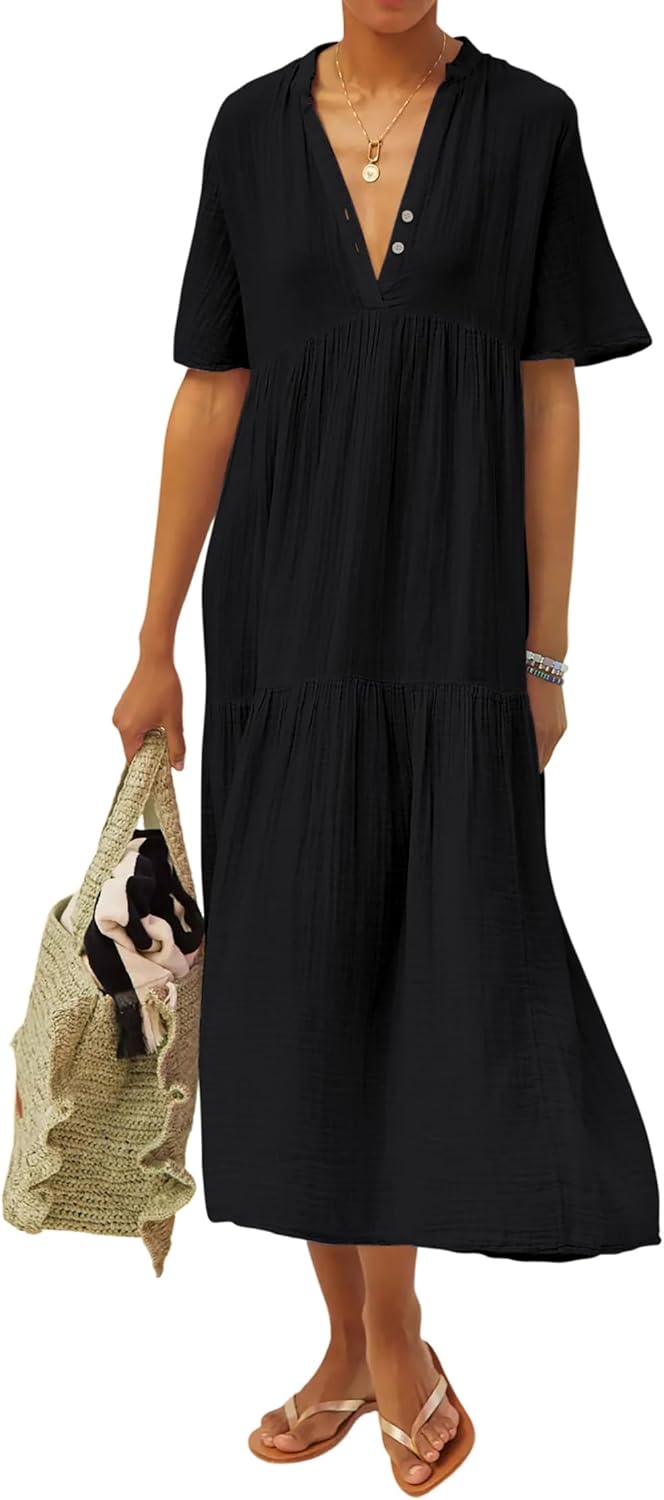Womens Summer Cotton Flowy Maxi Dress for Casual Beach Wear