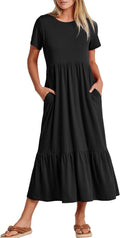 Womens Summer Maxi Dress Tiered Flowy Crewneck - Easy Beach Style