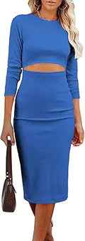 Women's Long Sleeve Midi Bodycon Dress - Fitted Cut Out Ribbed Midi