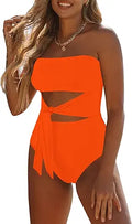 Bandeau One Piece Swimsuit Strapless Tie High Cut Out - Flattering