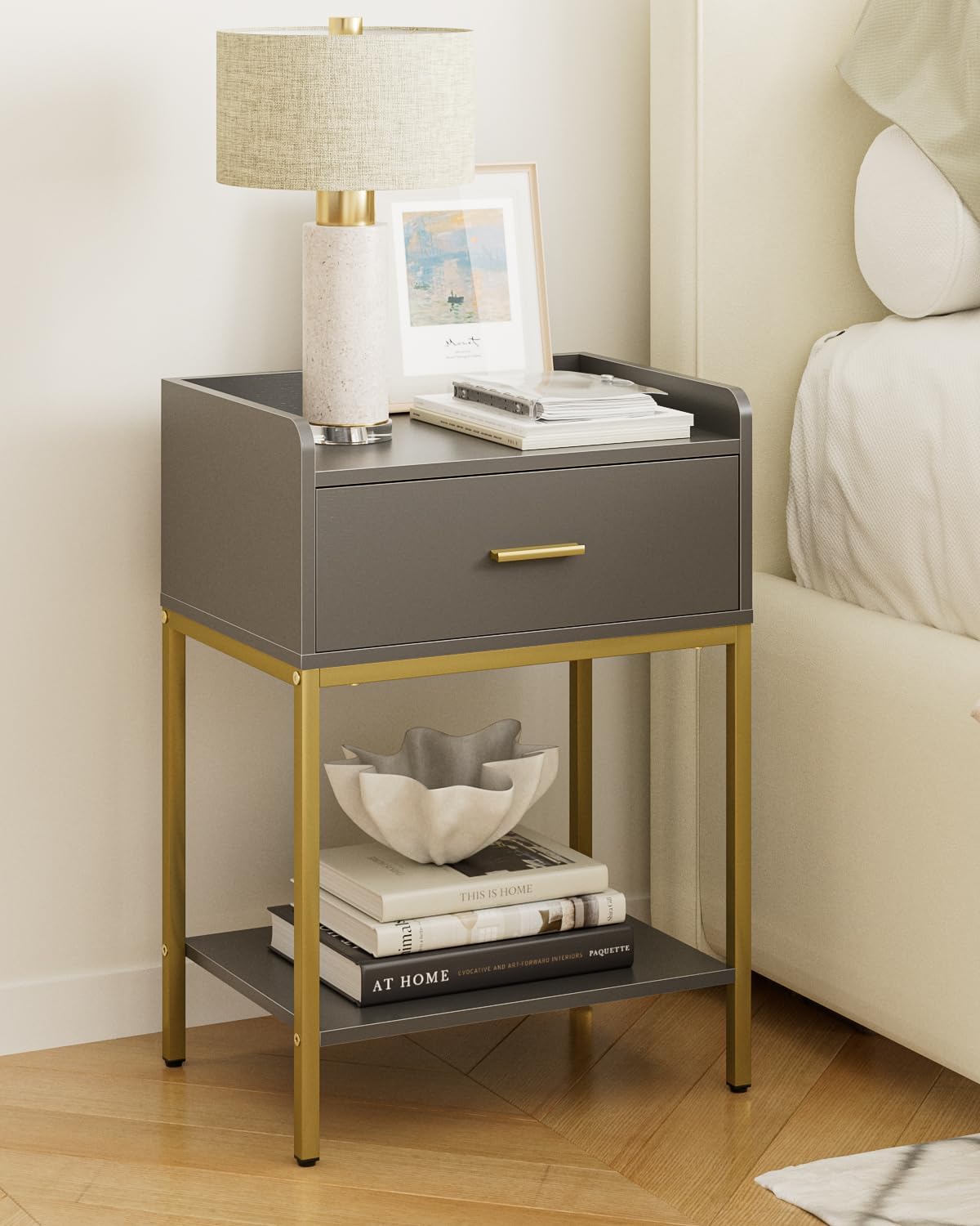 Masupu Grey Nightstand: Modern 3-Tier Bedside Table with Storage