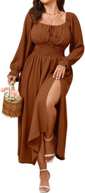 Women's Plus Size Long Sleeve Smocked Maxi Dress - Tie Front Split