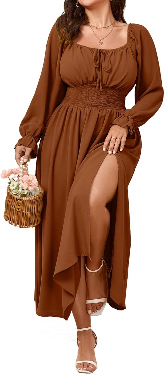 Plus Size Long Sleeve Smocked Dress with Square Neck Design