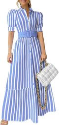 Womens Striped Button Down Shirt Dress with Belt - Flattering A-Line