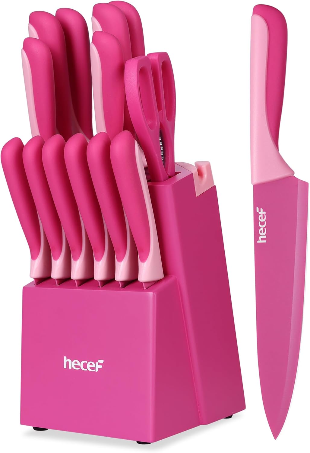 hecef 15 Pieces Kitchen Knife Set with Built-in Sharpener Block