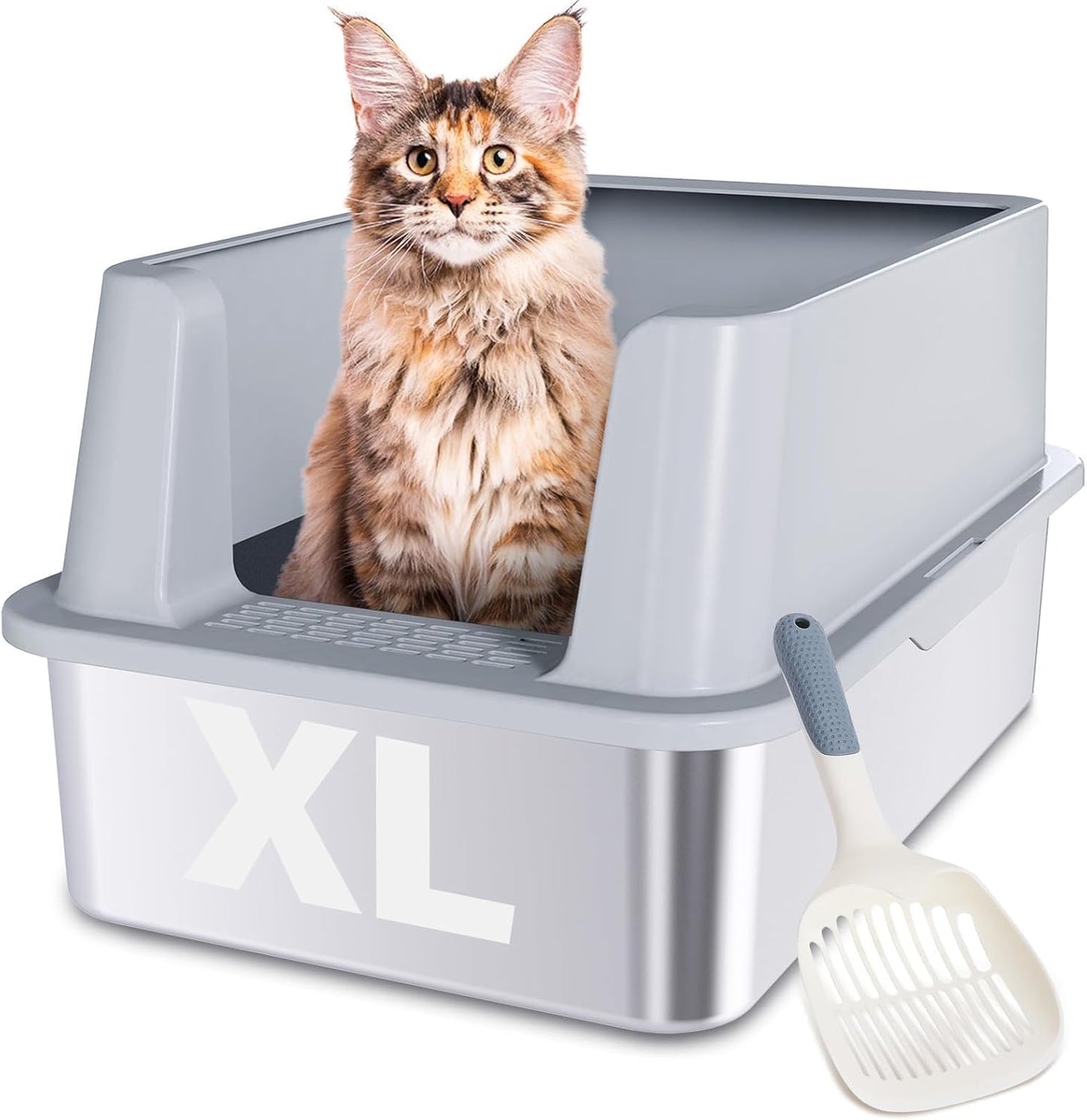 XL Stainless Steel Cat Litter Box for Big Cats with Lid
