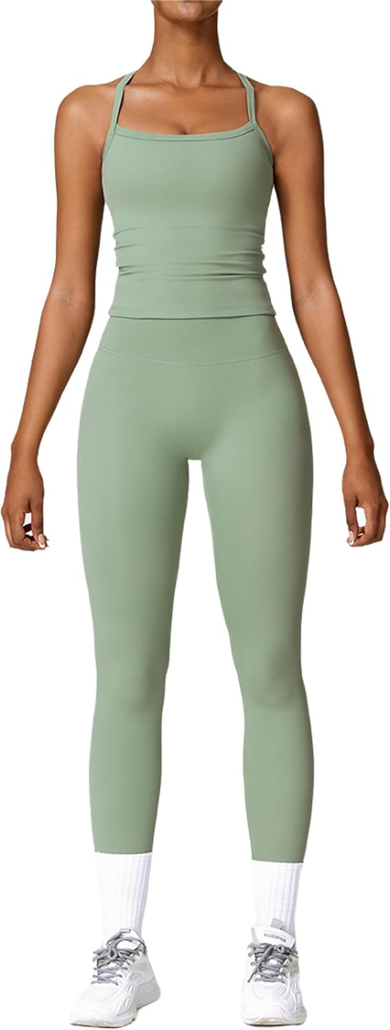 Womens Workout Sets Two Piece Cross Back Tank Top Leggings
