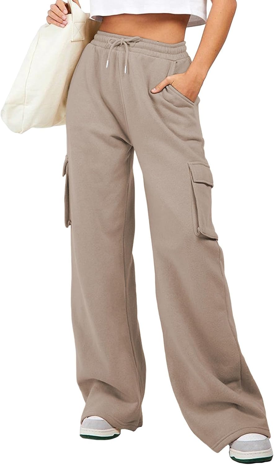 High Waisted Drawstring Wide Leg Cargo Pants for Women