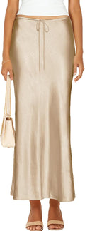 Womens Satin Silk Maxi Skirts Drawstring Flared Casual A-Line Long etc