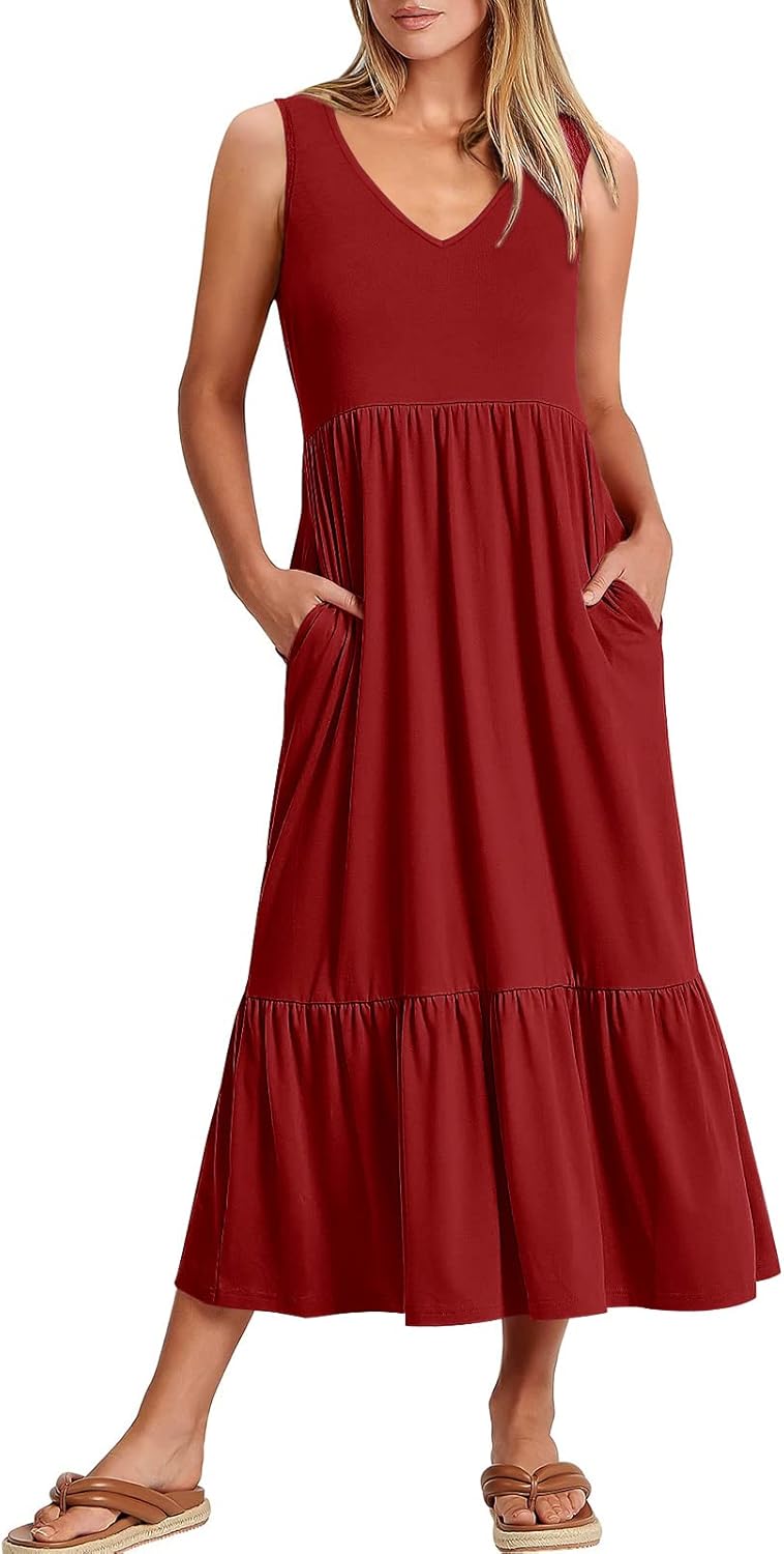 Womens Summer Maxi Dresses Fit & Flare Flowy V Neck Sleeveless