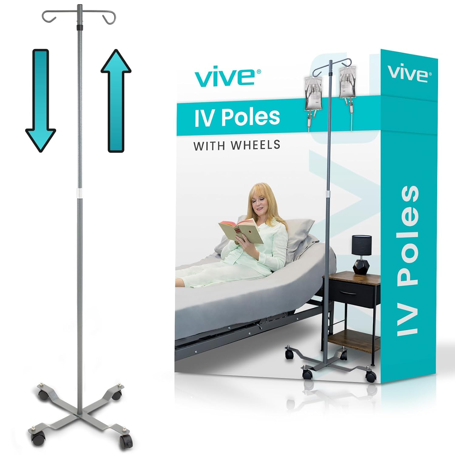 Vive IV Pole with Wheels - Adjustable Height IV Drip Stand