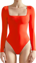 Women Square Neck Long Sleeve Thong Bodysuit - Double Layer Fit