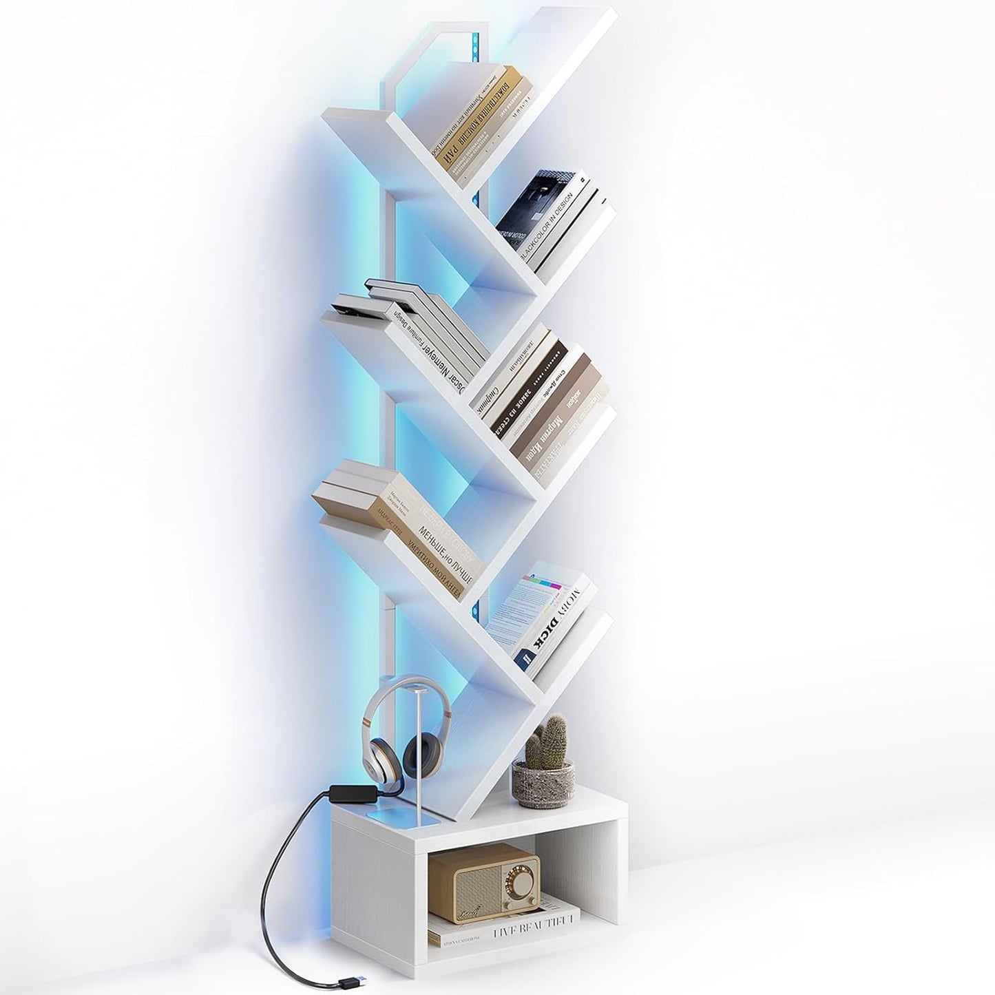 Casaottima White Tree Bookshelf with LED Light Strip for Home