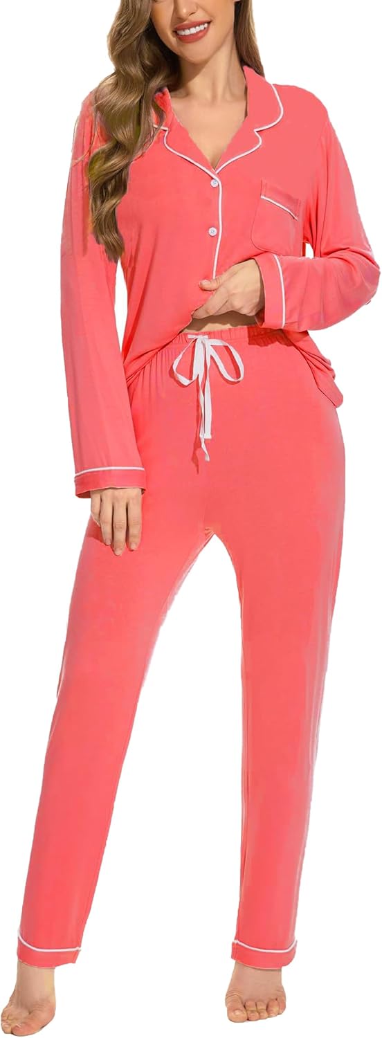 Button Up Pajamas for Women Long Sleeve Soft Loungewear Set