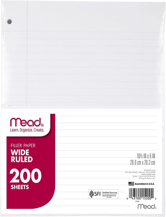 200 Sheets Mead Wide Ruled Paper, 8x10.5, Standard Size