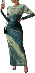 Women's Long Sleeve Tie Dye Mesh Maxi Bodycon Dress - Ruched Elegance
