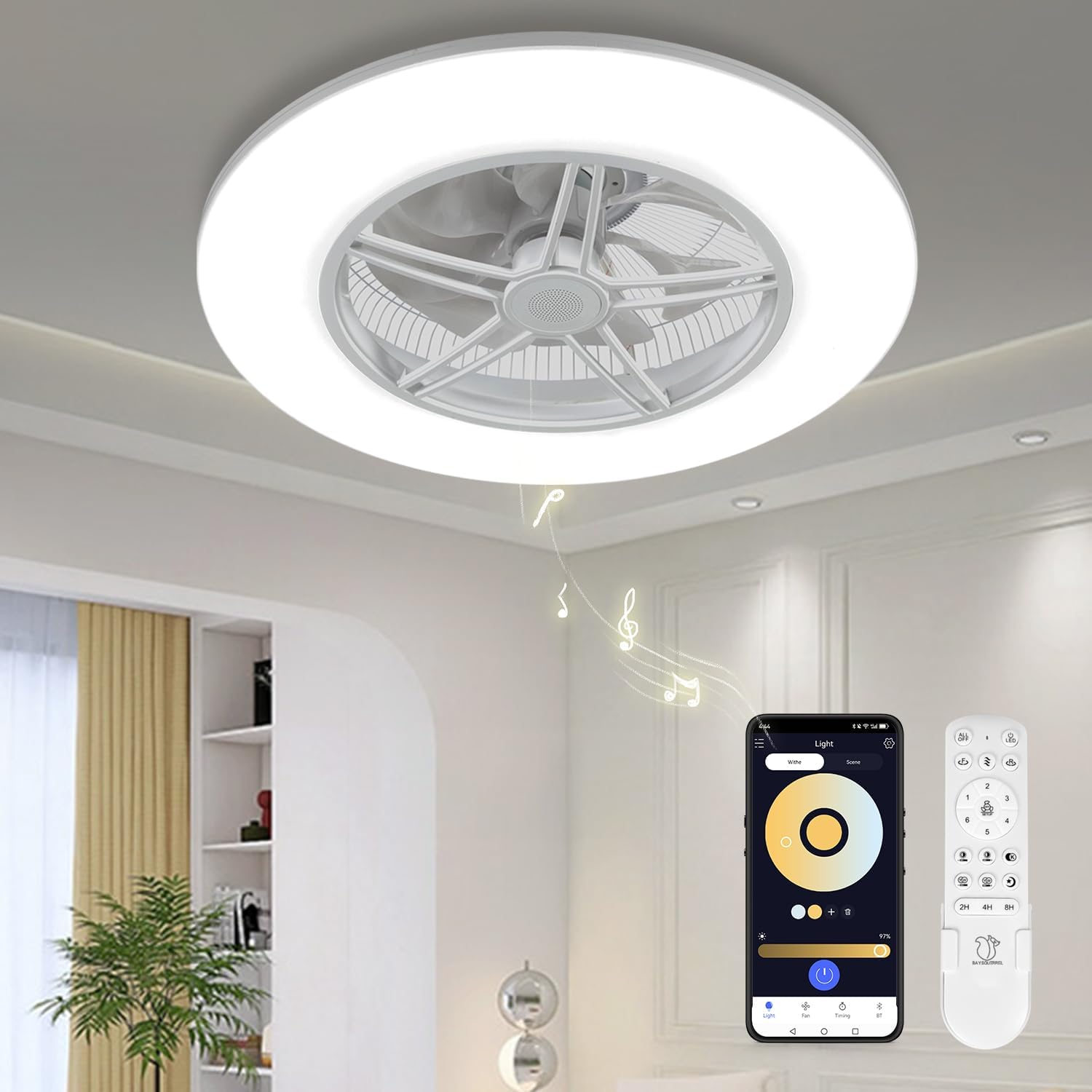 Low Profile Ceiling Fan with Light and Bluetooth Speaker for Home