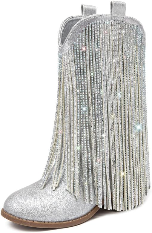Rhinestone Fringe Cowgirl Boots for Girls - Stylish Mid Calf Design