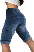 Bermuda Denim Straight Leg Shorts Mid Waist - Casual Roll Hem