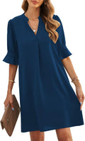 Womens V-Neck Ruffled Short Sleeve Shift Dress - Casual Summer Comfort