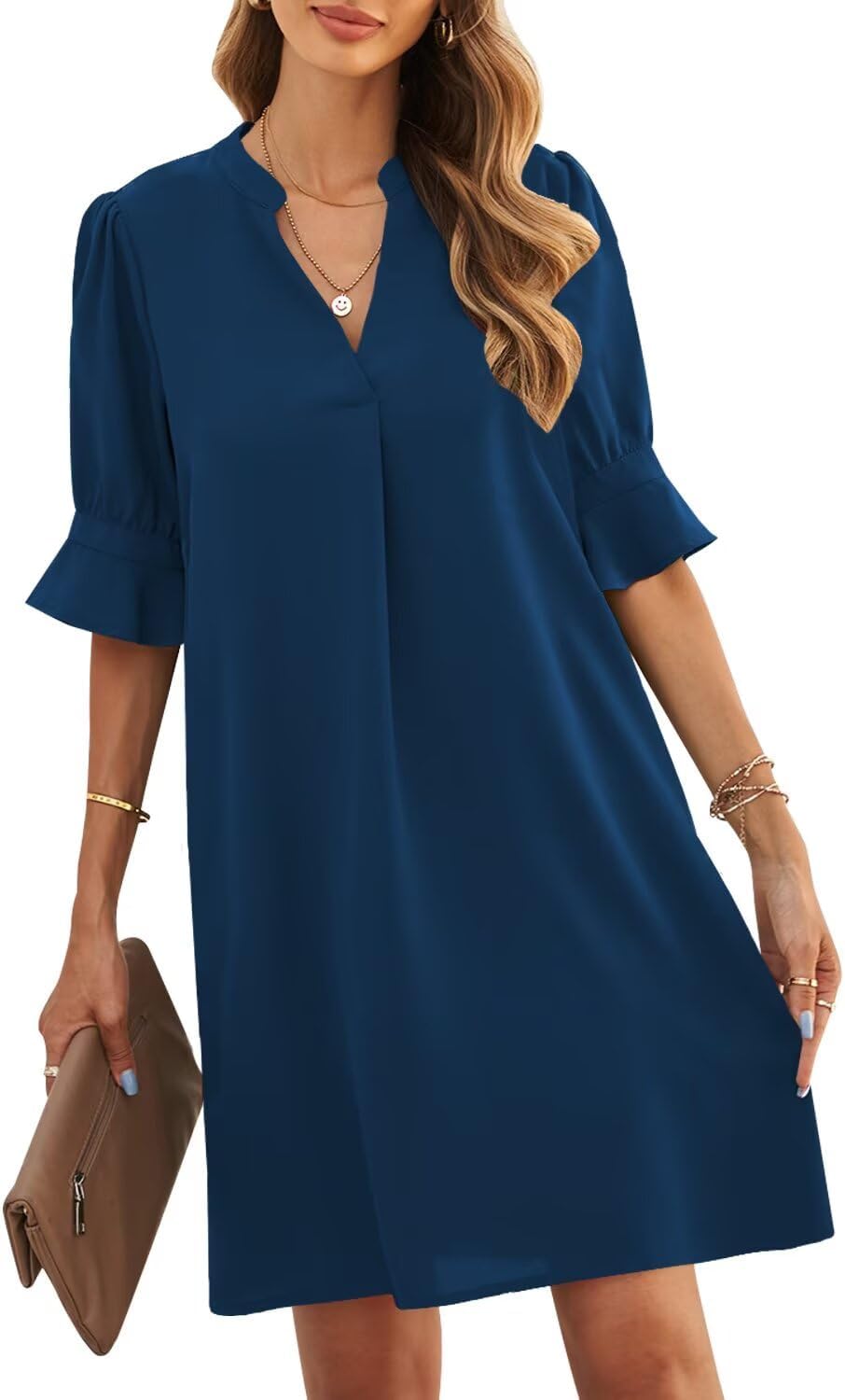 JOCAFIYE Womens V-Neck Ruffled Short Sleeve Casual Dress