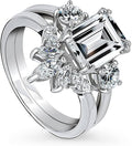 Sterling Silver 3-Stone Emerald Cut CZ Flower Ring Set - Timeless