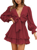 Dokotoo Womens Deep V Neck Knotted Tiered Chiffon Mini Dress