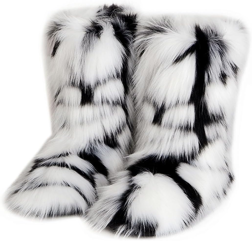 Furry Faux Fur Boots for Women - Cozy Mid Calf Snow Booties