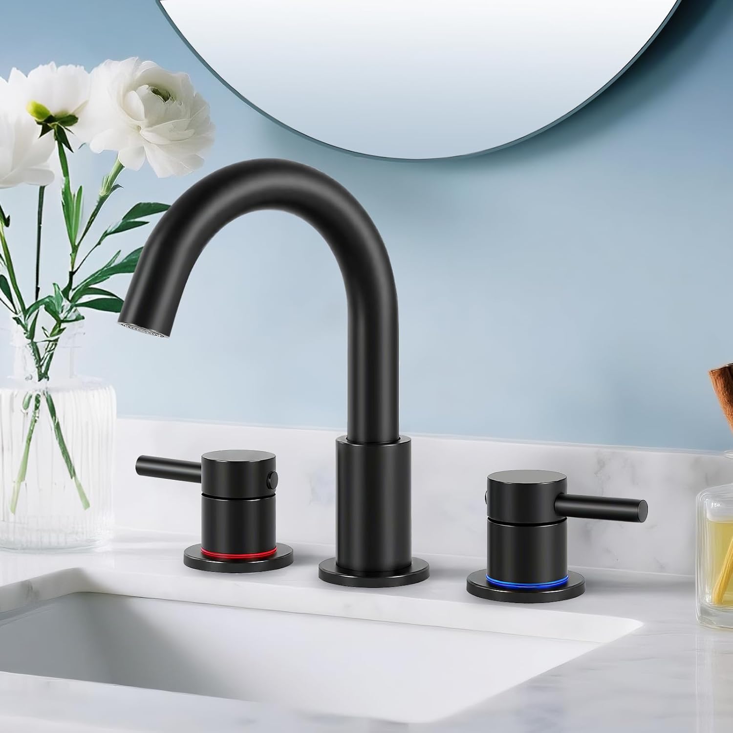 Matte Black Bathroom Faucet with Pop Up Drain and 360 Swivel Spout