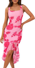 Women's Summer Floral Bodycon Dress Square Neck Sleeveless