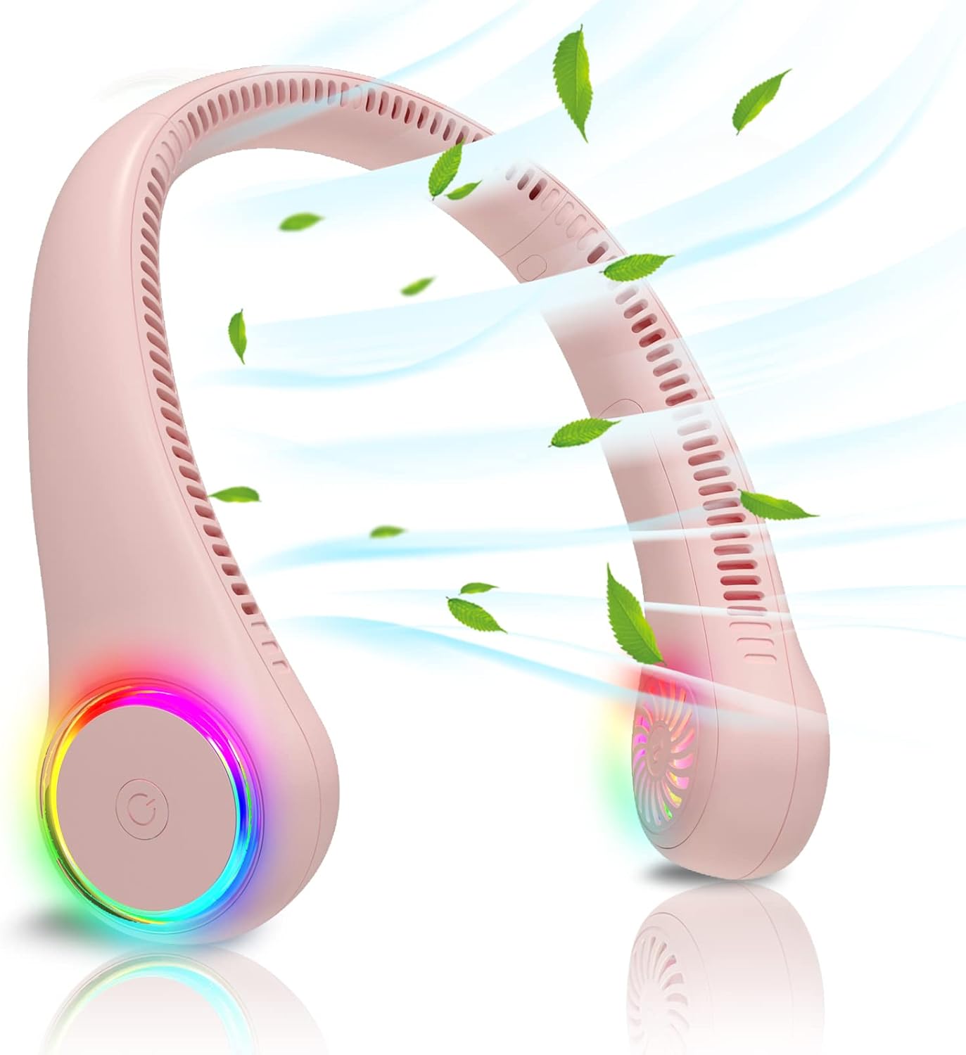 GULAKI Hands-Free Bladeless Neck Fan, 17H Lifespan, 3 Speeds, 64 Lights! - Pink