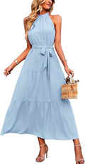 Women's Summer Floral Maxi Halter Dress - Flowy Ruffle Hem M=US