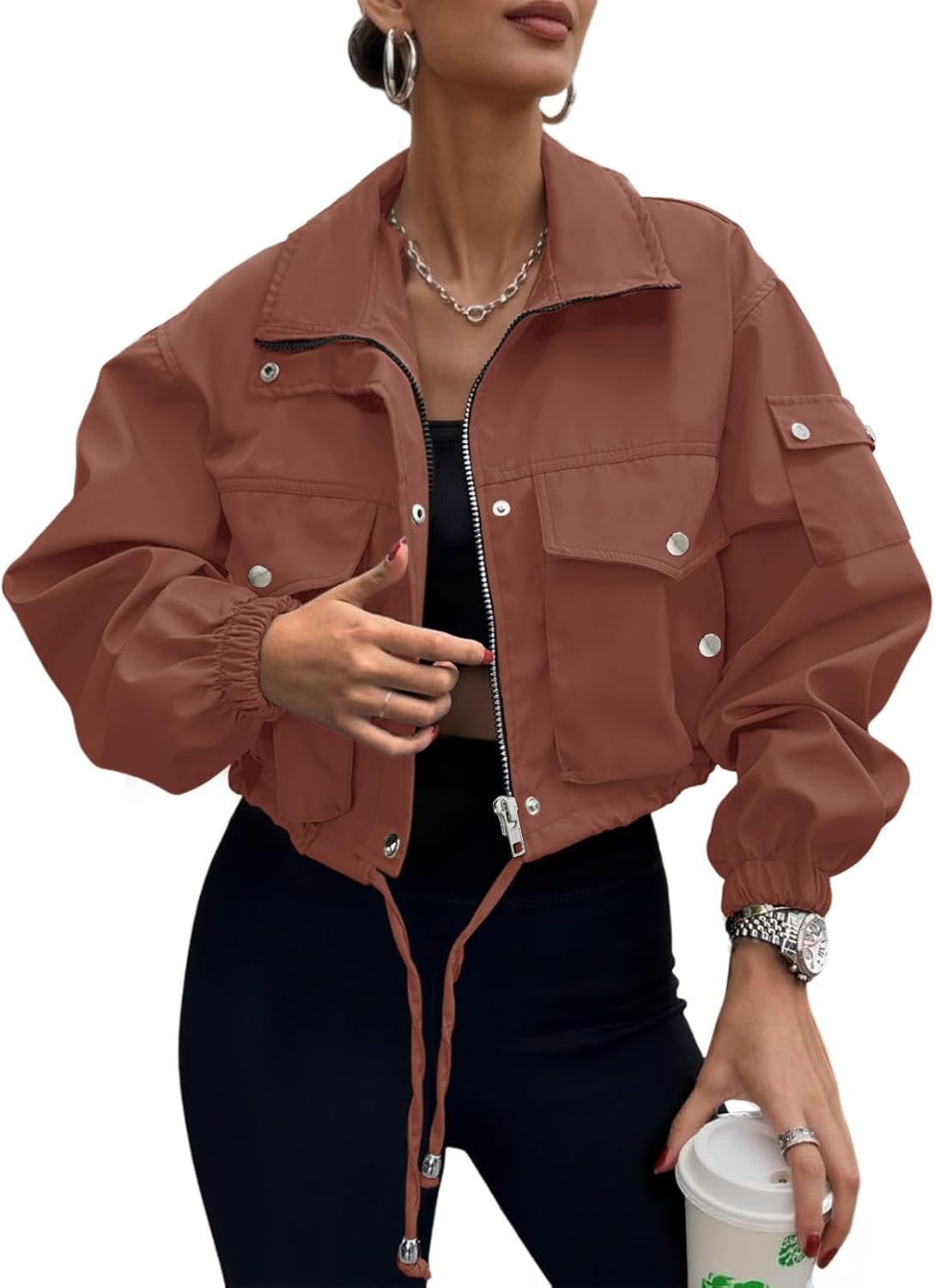 Womens Cropped Bomber Jacket 2025 Trendy Utility Anorak Coat