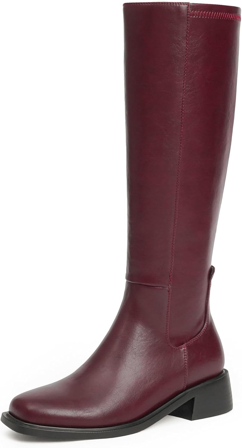 Knee High Boots Women Faux Leather Elastic Low Heel Square Toe