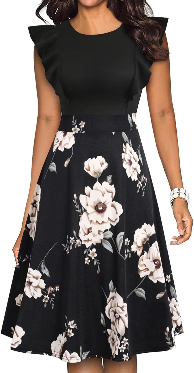 YATHON Women's Vintage Ruffle Floral Flared A Line Swing Dress
