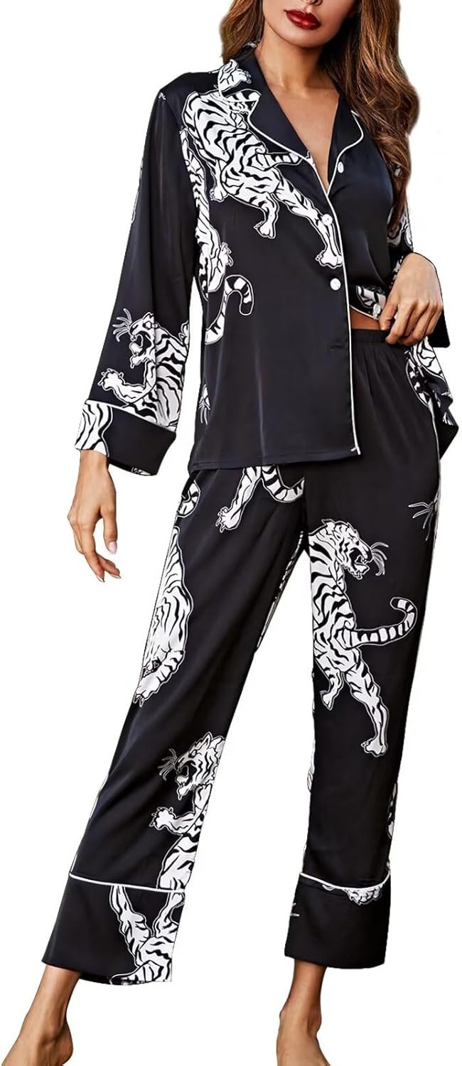 Luxurious Women's Silk Satin Pajamas Set with Lace Pattern