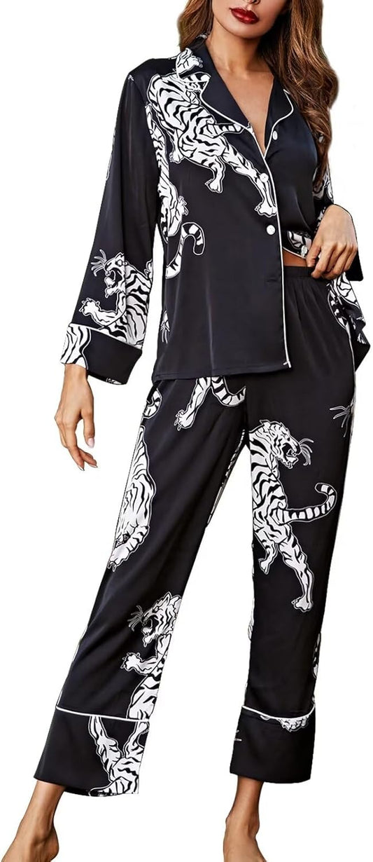 Luxurious Women's Silk Satin Pajamas Set with Lace Pattern