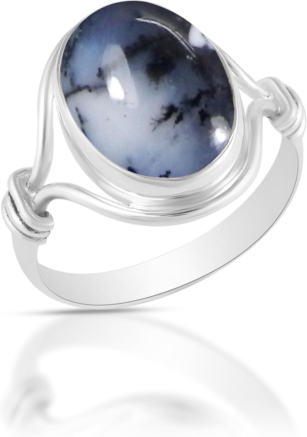 Solid 925 Sterling Silver Ring with Unique Dendritic Opal Stone