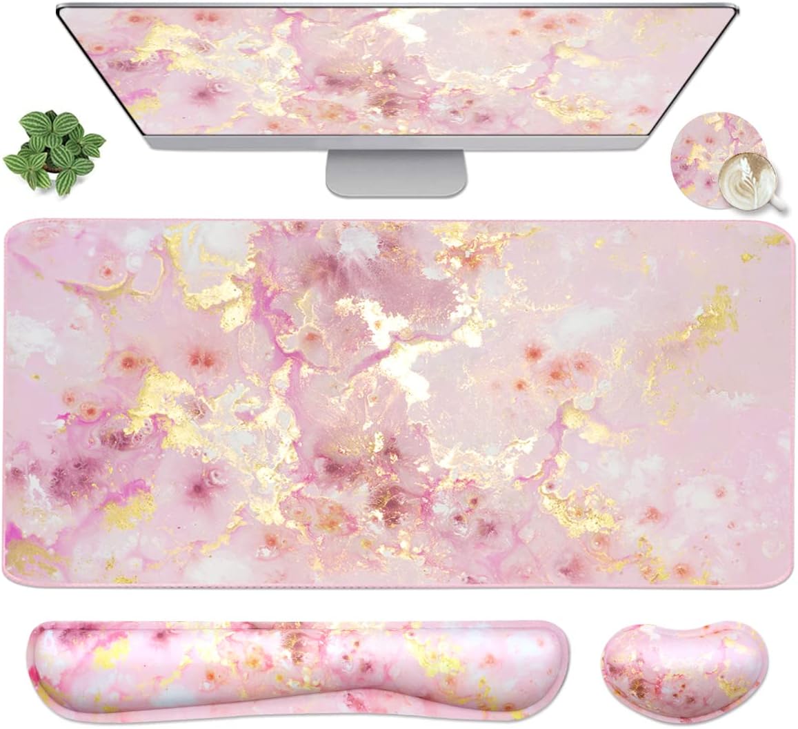 4-in-1 Pink Gold Marble Desk Set - Enhance Comfort & Style