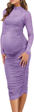 Dedysler Maternity Mesh Bodycon Dress for Women - Rust Ruched Midi