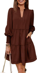 Womens Long Sleeve Tunic Dress V Neck - Casual Tiered Ruffle