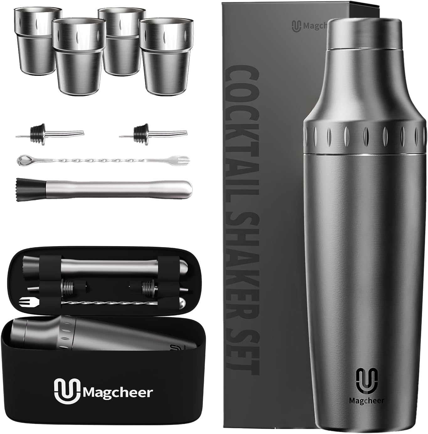 Hybrid Cocktail Shaker Set with Stackable Cups for Travel