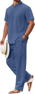 Men's 2 Piece Cotton Henley Shirt and Beach Pants Set - Lightweight